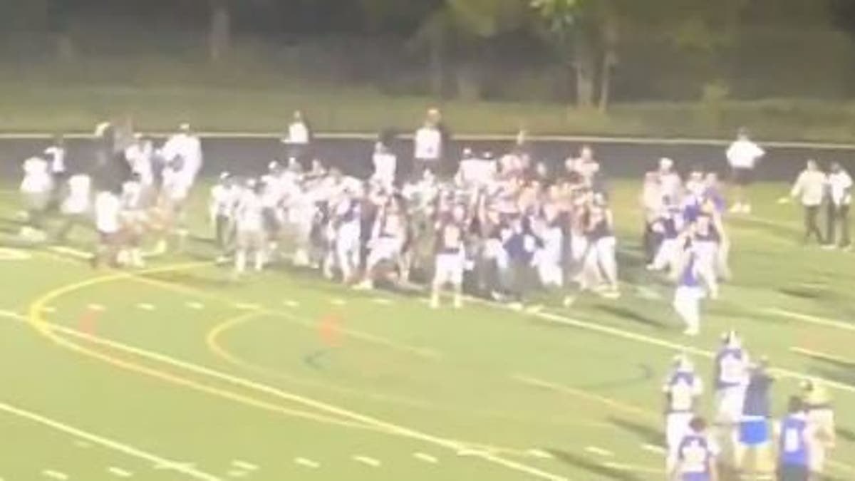 Football players fight each other on the field