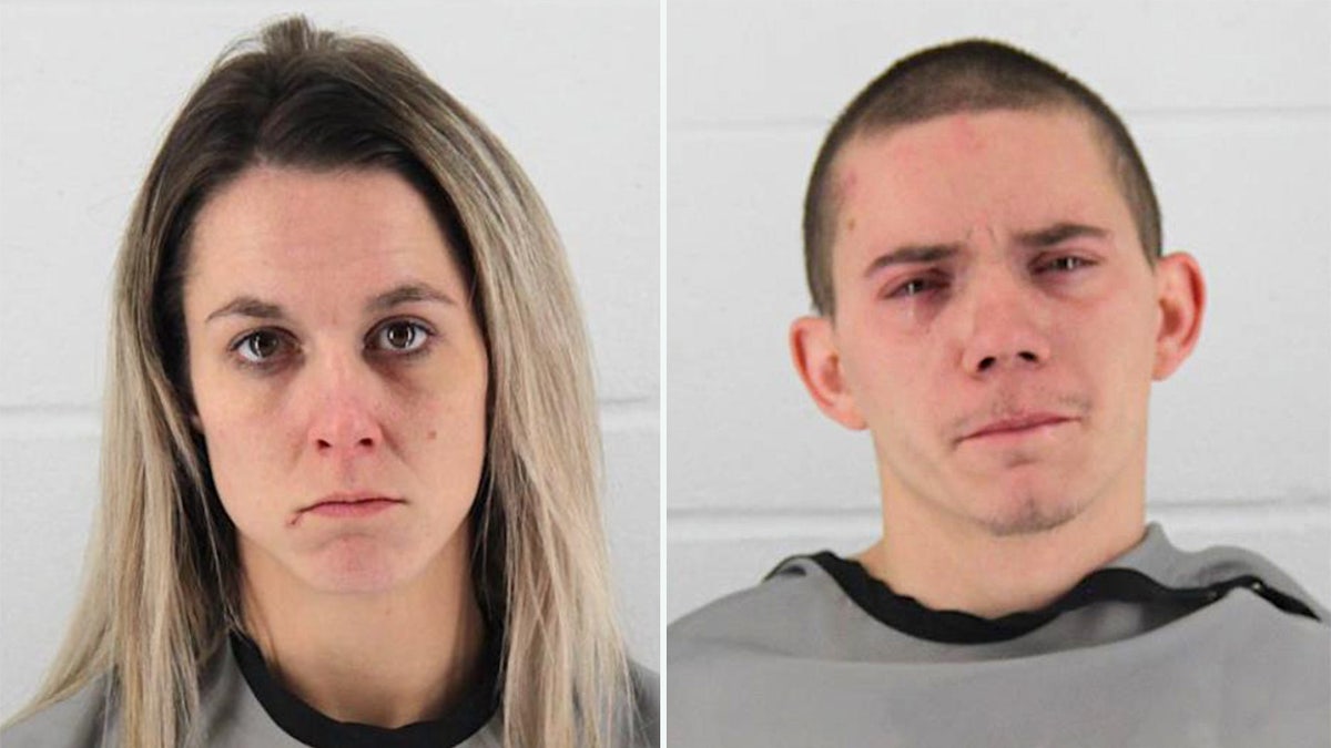 Booking photos of Karlie Mae Phelps and Nickolas Ecker, who is weeping