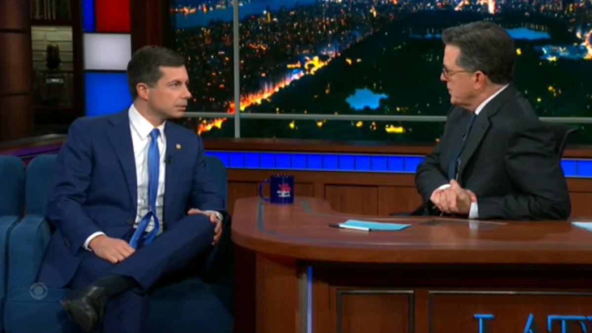 Pete Buttigieg speaking with Stephen Colbert