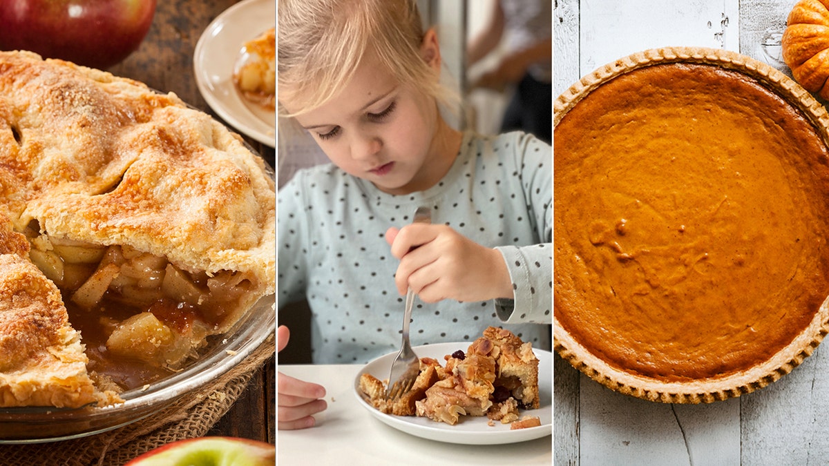 Pies and girl eating dessert