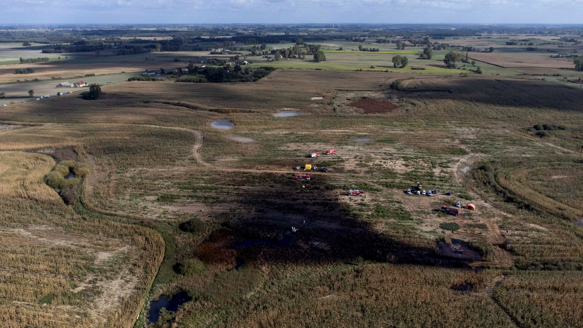 An aerial view of a crude oil pipeline leak in Poland.