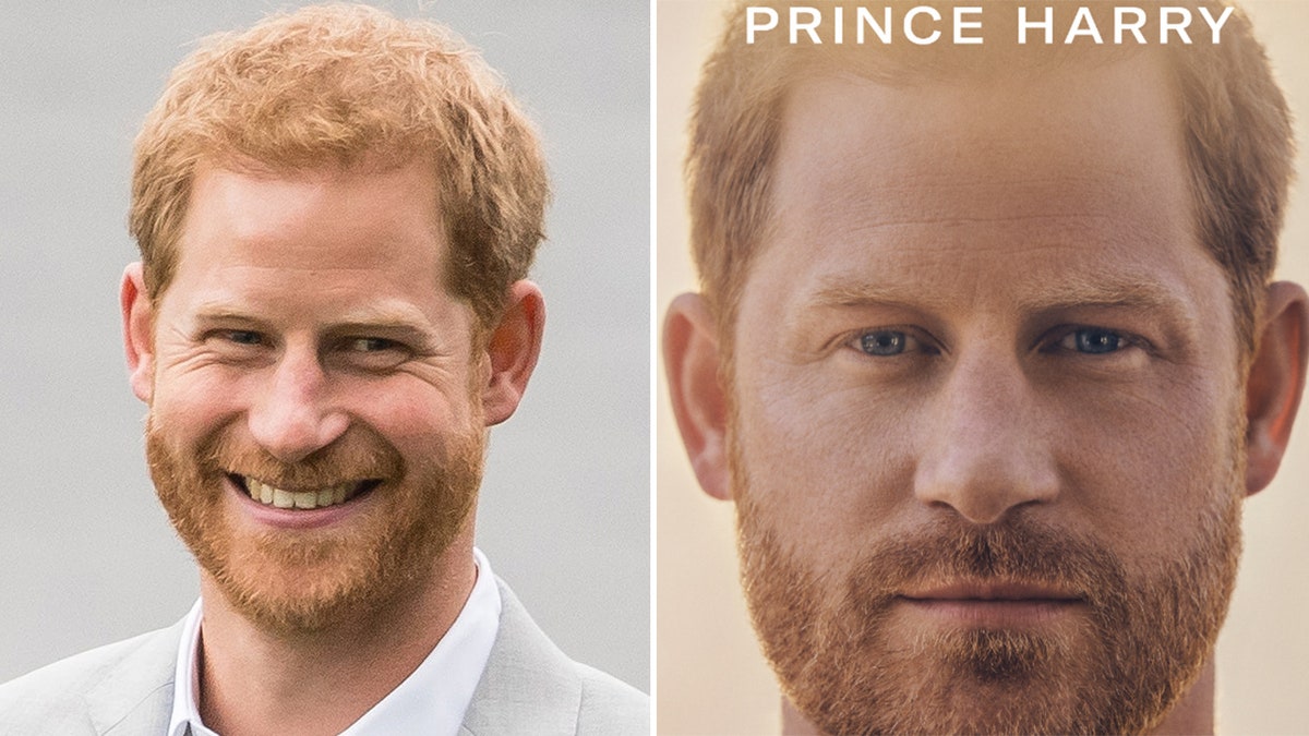 Prince Harry smiling in the distance next to the cover of his memoir Spare