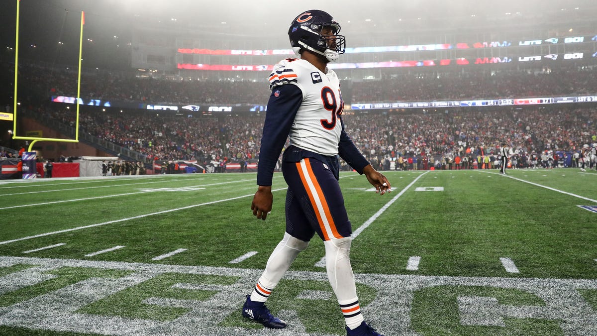 FILE - Chicago Bears defensive end Robert Quinn (94) rushes during the  first half of an NFL football game against the New England Patriots,  Monday, Oct. 24, 2022, in Foxborough, Mass. The