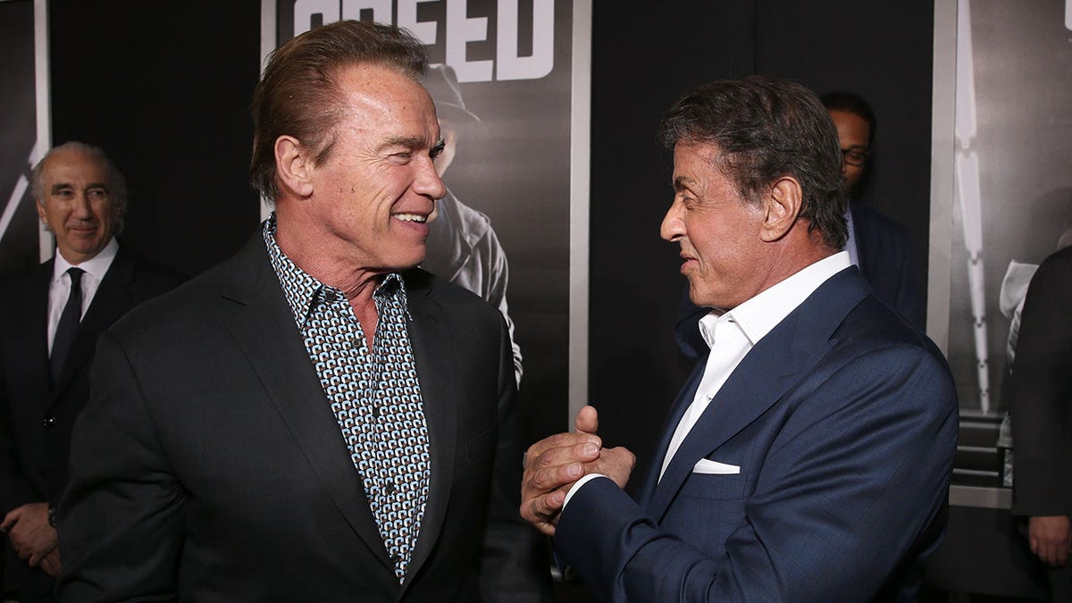 Arnold Schwarzenegger and Sylvester Stallone at a premiere