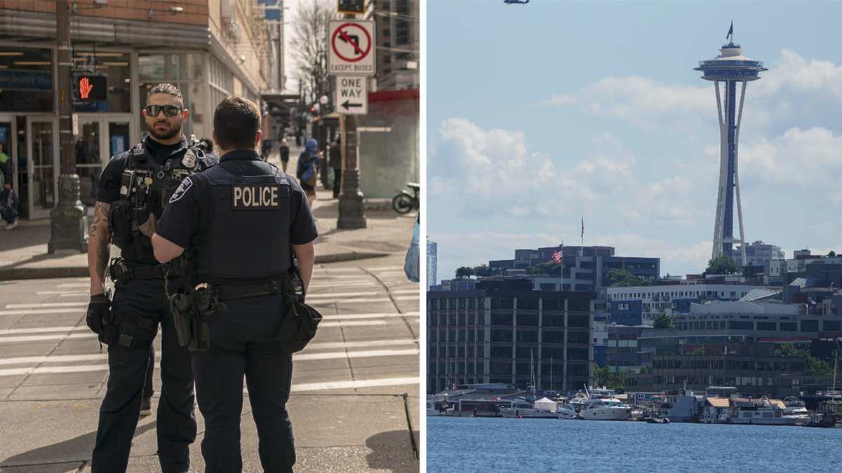 Side-by-side photo of Seattle police standing on street next to photo of Seattle skyline