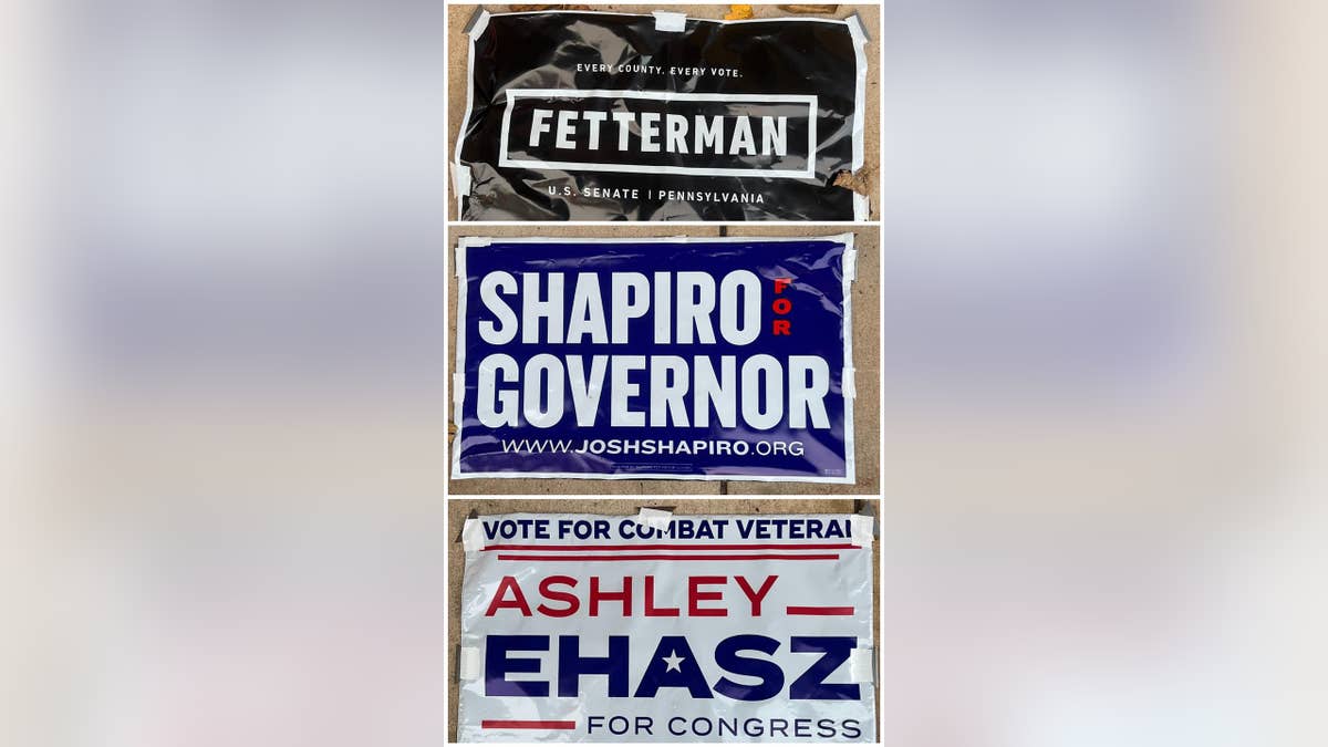 Campaign signs with razor blades attached.