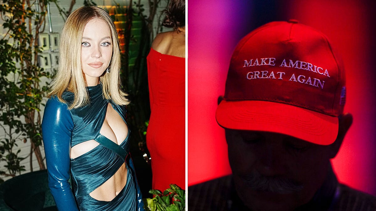 Sydney Sweeney split with a photo of a MAGA hat