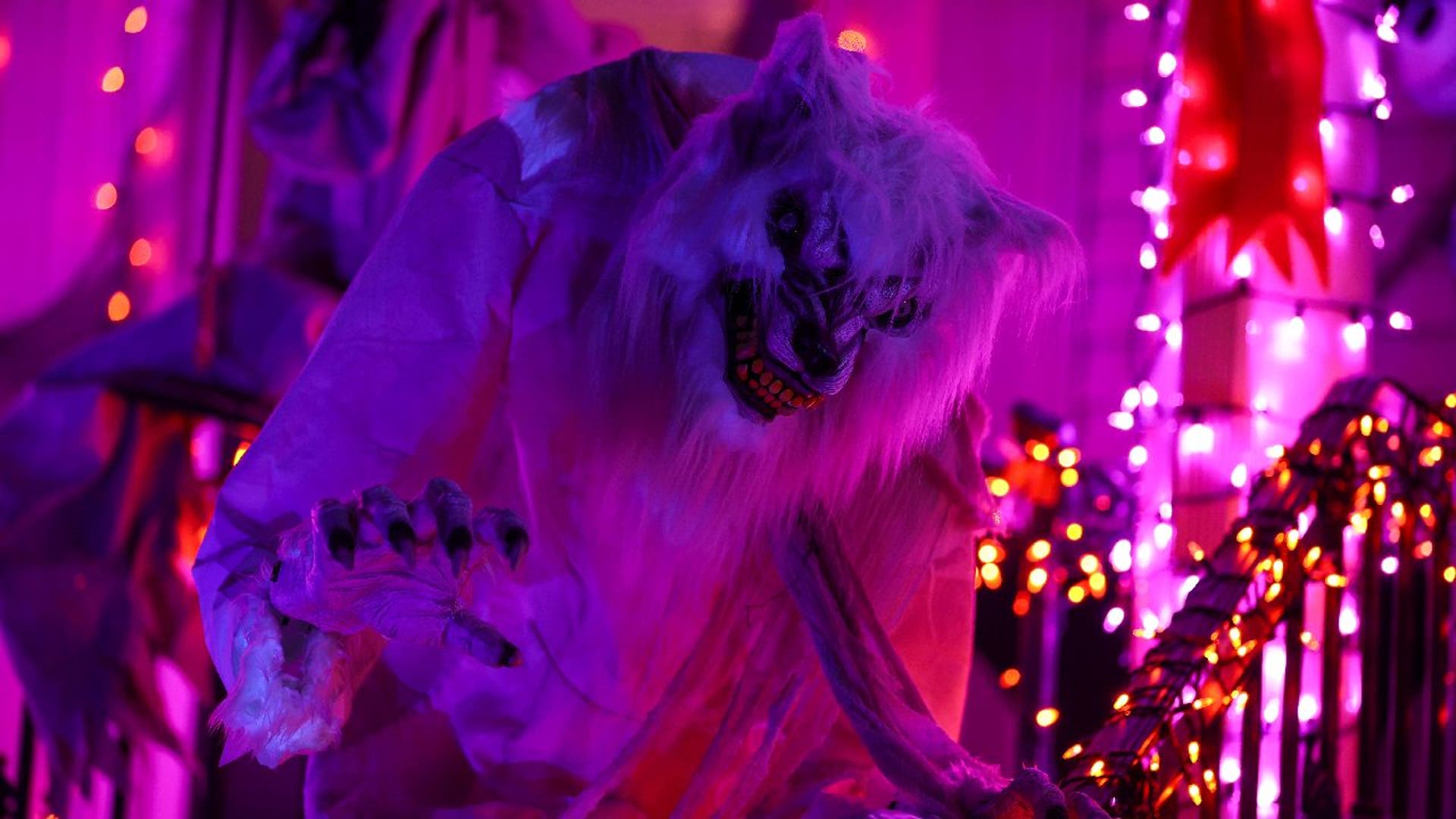 Giant werewolf figure set up with black lights