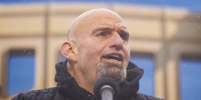 John Fetterman, lieutenant governor and Democratic Senate candidate, speaks during a campaign rally in Pittsburgh, Pennsylvania, on Saturday, Oct.  1, 2022.