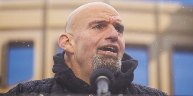 John Fetterman, lieutenant governor and Democratic Senate candidate, speaks during a campaign rally in Pittsburgh, Pennsylvania, on Saturday, Oct.  1, 2022.