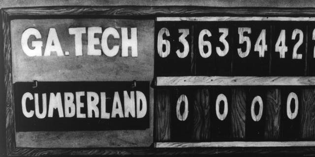 Georgia Teach scored 63 points in each of the first two quarters in its shocking 222-0 win over Cumberland College Oct. 7, 1916. The second half's quarters were reduced from 15 minutes to 12 minutes. 