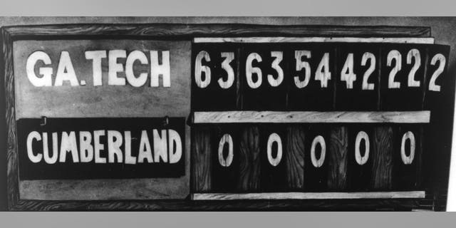 Georgia Teach scored 63 points in each of the first two quarters in its shocking 222-0 win over Cumberland College Oct. 7, 1916. The second half's quarters were reduced from 15 minutes to 12 minutes. 