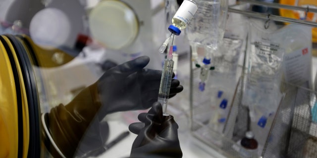 FILE: A dispensing pharmacist prepares drugs for chemotherapy treatment in a sterile room at the Antoine-Lacassagne Cancer Center in Nice, October 18, 2012. 