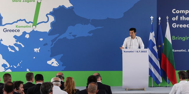 Bulgarian Prime Minister Kiril Petkov speaks during the inauguration ceremony of the Interconnector Greece-Bulgaria (IGB) gas pipeline that will carry gas from Komotini to Stara Zagora in Bulgaria, in Komotini, Greece, July 8, 2022. 