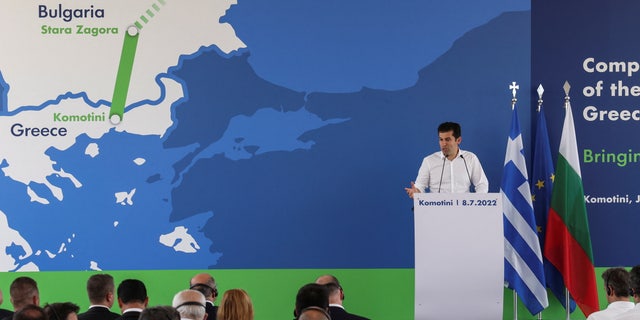 Bulgarian Prime Minister Kiril Petkov speaks during the inauguration ceremony of the Interconnector Greece-Bulgaria (IGB) gas pipeline that will transport gas from Komotini to Stara Zagora in Bulgaria, in Komotini, Greece, on July 8, 2022.
