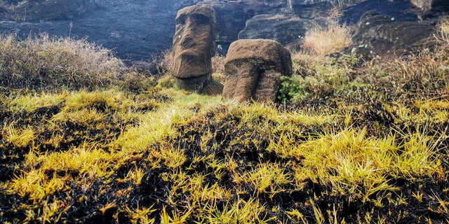Damaged Moai statues are seen after a wildfire at a local park in Easter Island, Chile, in this undated handout photo obtained by Reuters on October 7, 2022. .