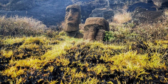 Damaged Moai statues are seen after a wildfire at a local park in Easter Island, Chile, in this undated handout photo obtained by Reuters on October 7, 2022. .