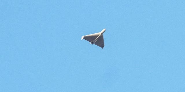 A Russian drone is seen during a Russian drone strike, which local authorities consider to be Iranian made unmanned aerial vehicles Shahed-136, amid Russia's attack on Ukraine, in Kyiv, Ukraine Oct. 17, 2022.