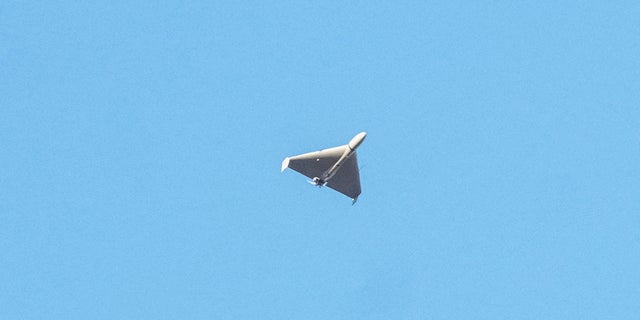 A Russian drone is seen during a Russian drone strike, which local authorities consider to be Iranian made unmanned aerial vehicles (UAVs) Shahed-136, amid Russia's attack on Ukraine, in Kyiv, Ukraine October 17, 2022.