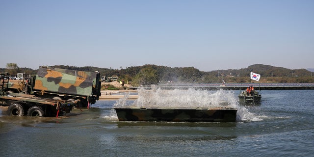 Part of the floating bridge is pictured as South Korean and US troops take part in the joint river crossing exercise in Yeoju, South Korea on October 19, 2022.