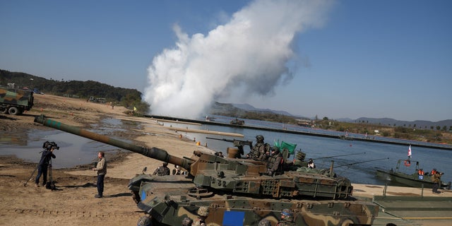 A South Korean armored vehicle takes part in a joint river crossing exercise between South Korean and US troops, in Yeoju, South Korea, October 19, 2022.