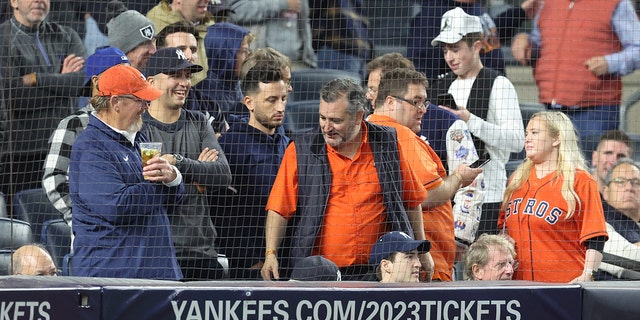 Texas Sen.Ted Cruz at the game between the New York Yankees and the Houston Astros during game four of the ALCS for the 2022 MLB Playoffs at Yankee Stadium. Cruz was nearly struck by a beer can Monday during the parade to celebrate the Astros' World Series win. 