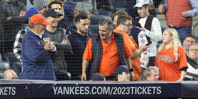 Texas Sen.Ted Cruz at the game between the New York Yankees and the Houston Astros during game four of the ALCS for the 2022 MLB Playoffs at Yankee Stadium. Cruz was nearly struck by a beer can Monday during the parade to celebrate the Astros' World Series win.