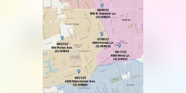 Photo provided by Stockton Police Department shows a map indicating the locations of each of the five murders in Stockton, California.