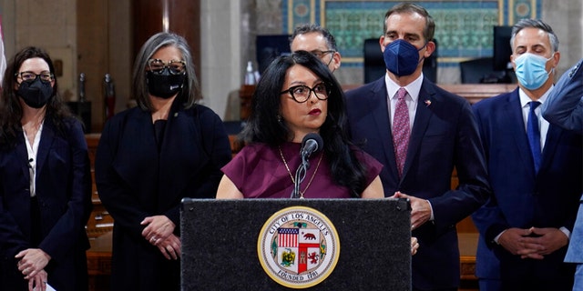 Then-Los Angeles City Council President Nury Martinez is seen during a news conference at Los Angeles City Hall. Martinez resigned from the council amid public pressure over her comments on a leaked audio recording.