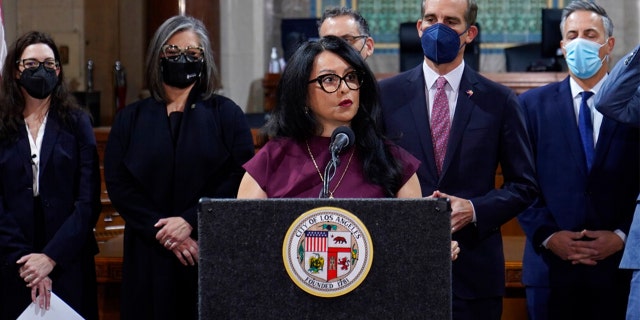 Then-Los Angeles City Council President Nury Martinez is seen during a news conference at Los Angeles City Hall. Martinez resigned from the council amid public pressure over her comments on a leaked audio recording.