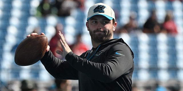 Baker Mayfield of the Carolina Panthers warms up prior to a game against the Tampa Bay Buccaneers at Bank of America Stadium Oct. 23, 2022, in Charlotte, N.C. 