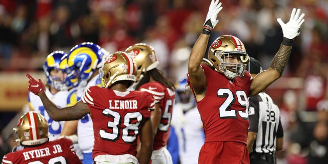 San Francisco 49ers safety Talanoa Hufanga #29 toasts after a fourth-quarter Los Angeles Rams fumble at Levi's Stadium in Santa Clara, California on October 3, 2022.