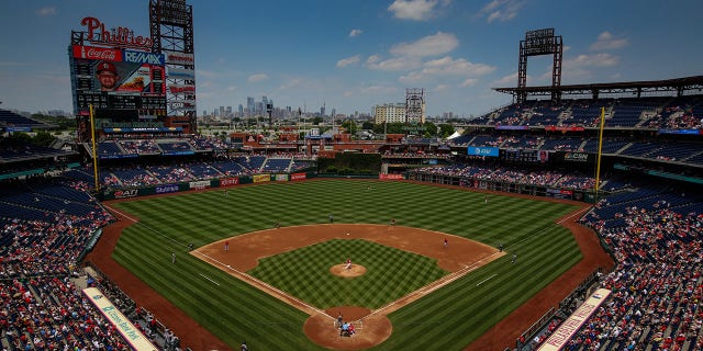 A view of the field and the skyline of Philadelphia during a game between the St. Louis Cardinals and the Philadelphia Phillies at Citizens Bank Park June 22, 2017, in Philadelphia.