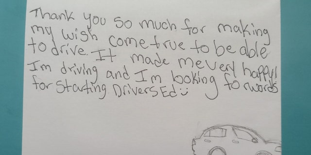 A One Simple Wish recipient wrote this thank you note — and celebrated the start of driver's education classes.