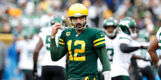 Aaron Rodgers of the Green Bay Packers reacts to a fumble in the third quarter against the New York Jets at Lambeau Field on Oct. 16, 2022, in Green Bay, Wisconsin.