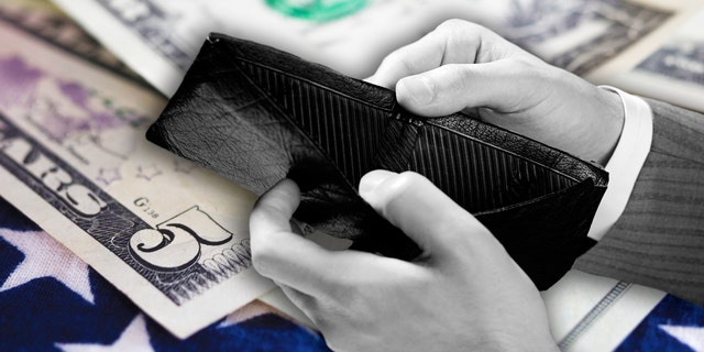 A man is shown displaying an empty wallet.