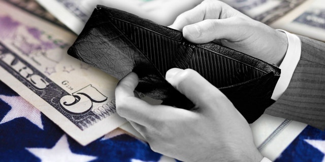 A man is shown displaying an empty wallet.