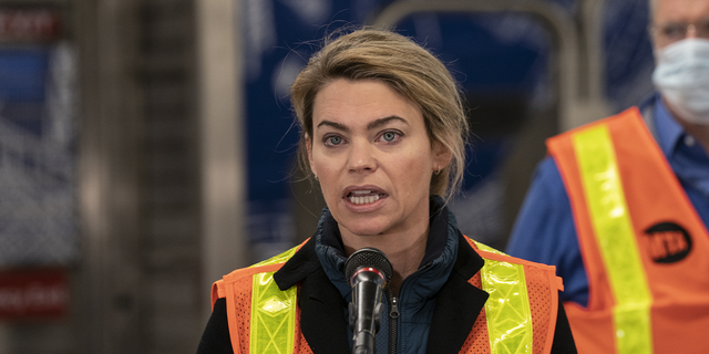Then-Interim President of MTA New York City Transit Sarah Feinberg addresses media at 96th street station in New York, United States. On Friday, she was attacked near a Manhattan subway station.