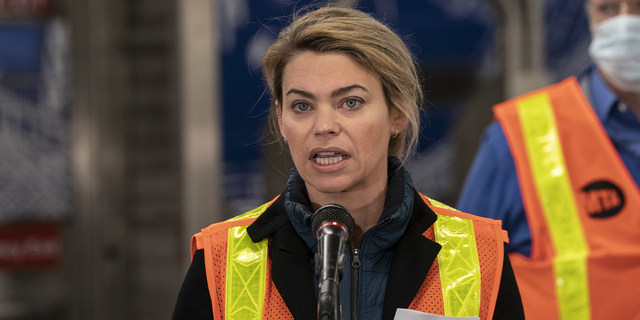 Then-Interim President of MTA New York City Transit Sarah Feinberg addresses media at 96th street station in New York, United States. On Friday, she was attacked near a Manhattan subway station.