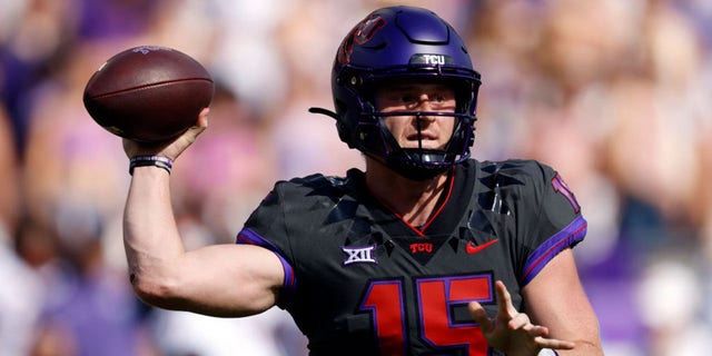 Max Duggan of the TCU Horned Frogs throws against the Oklahoma State Cowboys during the first half at Amon G. Carter Stadium Oct. 15, 2022, in Fort Worth, Texas.