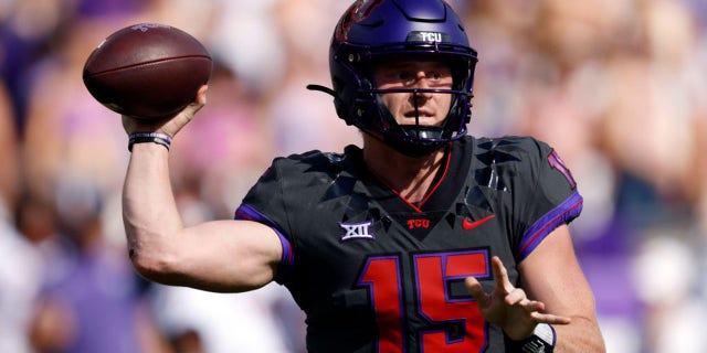 Max Duggan of the TCU Horned Frogs throws against the Oklahoma State Cowboys during the first half at Amon G. Carter Stadium Oct. 15, 2022, in Fort Worth, Texas.