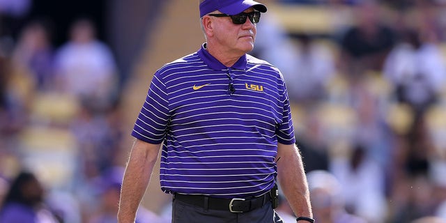 Head coach Brian Kelly of the LSU Tigers reacts before a game against the Mississippi State Bulldogs at Tiger Stadium on September 17, 2022 in Baton Rouge, Louisiana. 