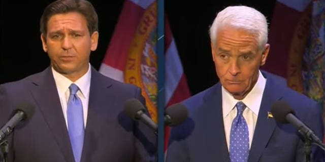 Republican Florida Gov. Ron DeSantis and former Democratic Congressman Charlie Crist participate in a live audience debate.