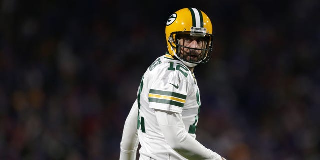 Aaron Rodgers #12 of the Green Bay Packers reacts after a touchdown was called back due to a penalty during the third quarter against the Buffalo Bills at Highmark Stadium on October 30, 2022, in Orchard Park, New York.