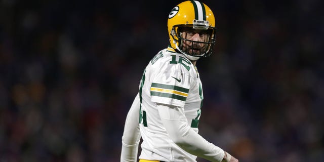 Aaron Rodgers #12 of the Green Bay Packers reacts after a touchdown was called back due to a penalty during the third quarter against the Buffalo Bills at Highmark Stadium on October 30, 2022, in Orchard Park, New York.