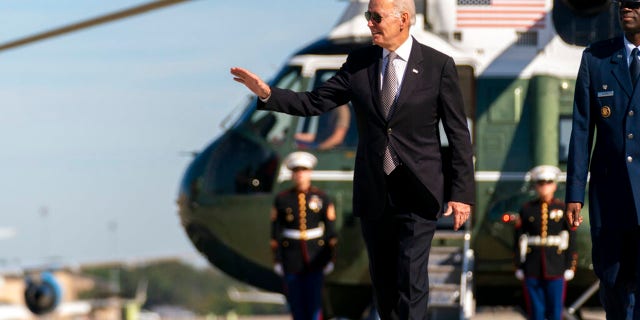 President Joe Biden boards Air Force One at Andrews Air Force Base, Md., Thursday, Oct. 6, 2022, to travel to Poughkeepsie, N.Y. 