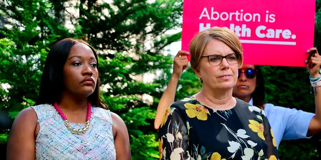Democratic state Sen. Natalie Murdock of Durham County and state Rep. Julie von Haefen of Wake County encourage North Carolina voters to support candidates who will preserve abortion access at a conference in press in Raleigh on August 18, 2022.