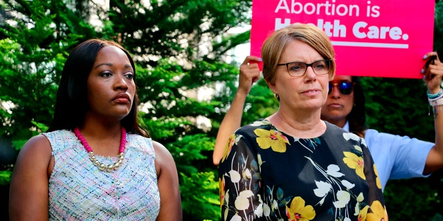Democratic state Sen. Natalie Murdock of Durham County and state Rep. Julie von Haefen of Wake County encourage North Carolina voters to support candidates who will preserve abortion access at a conference in press in Raleigh on August 18, 2022.