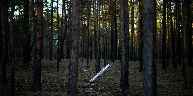 A Russian rocket sticks out of the ground in a forest near Oleksandrivka village, Ukraine, Thursday, Oct. 6, 2022.