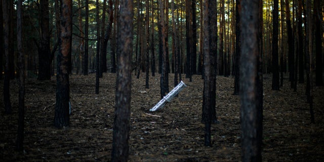 A Russian rocket sticks out of the ground in a forest near Oleksandrivka village, Ukraine, Thursday, Oct. 6, 2022.